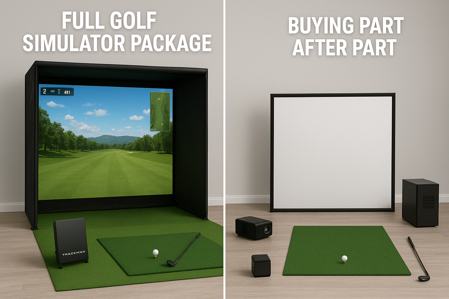 Visual comparison of a complete golf simulator package and a DIY golf simulator setup