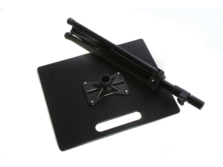 A black laptop stand with a tripod base, supporting a black laptop and mouse on a flat surface.