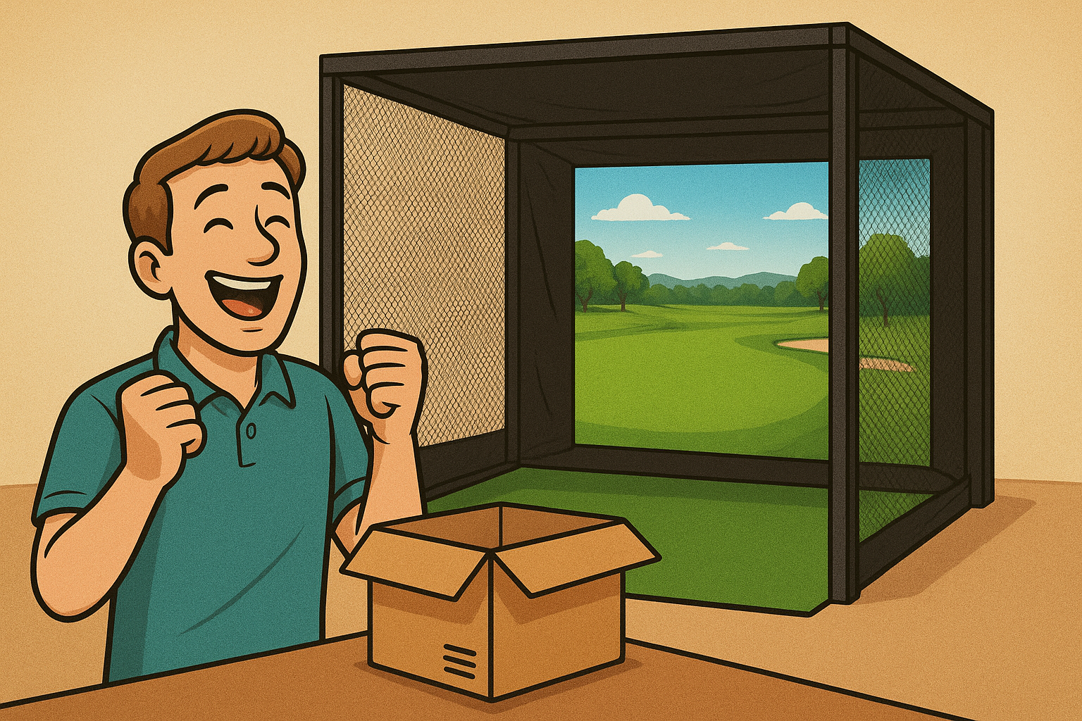 A man smiles excitedly by an open box, with a virtual golf course on a golf simulator in the background—ready to play sooner with the ALLSPORTSYSTEMS Rush Order Upgrade – Expedite Your Golf Simulator!.