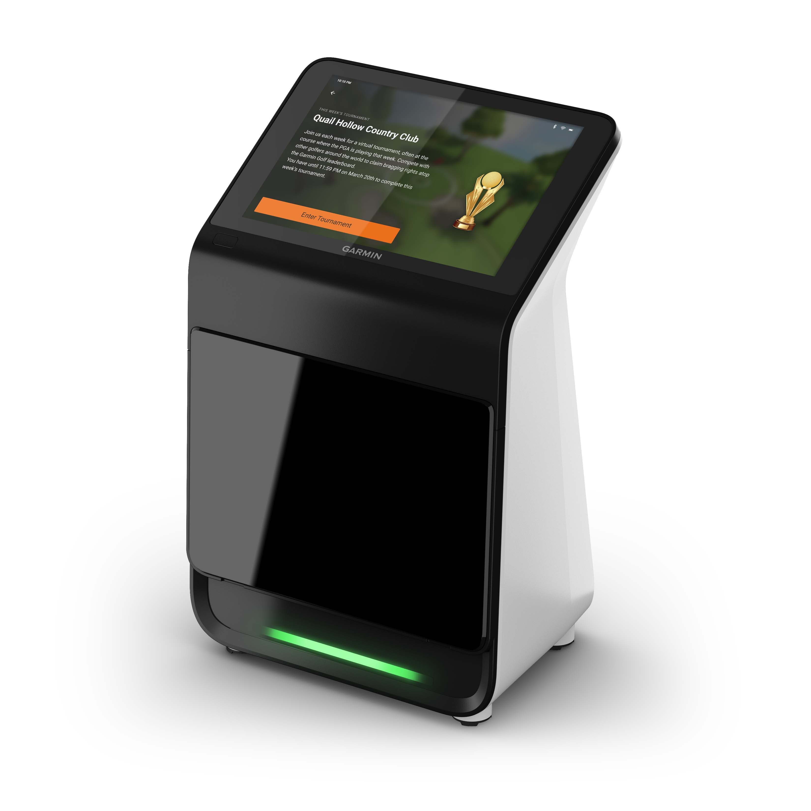 The AllSportSystems Garmin Approach R50 Golf Launch Monitor is a black and white kiosk with a touchscreen for golf club info, integrated simulator experience, and a glowing green LED at the base.