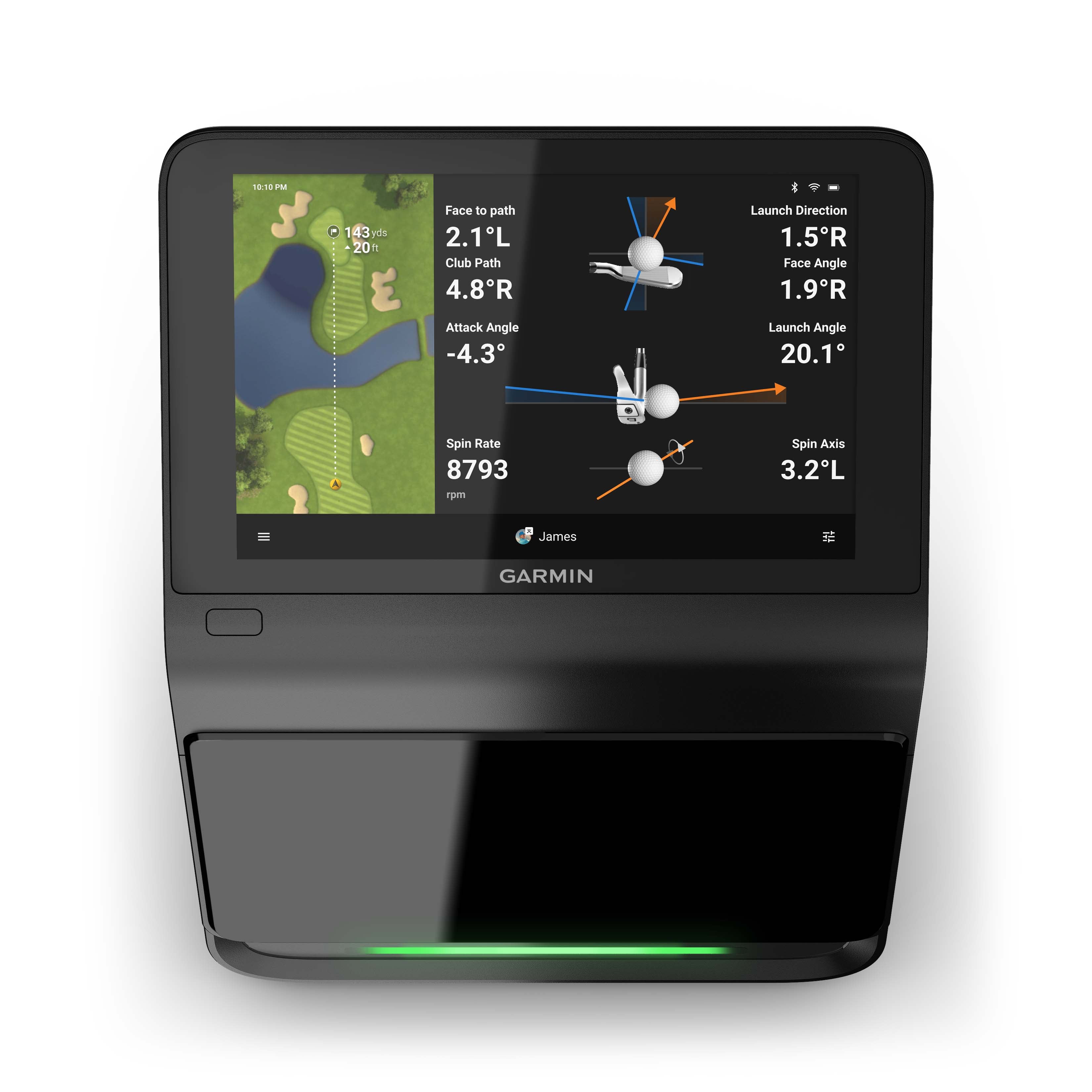 The Garmin Approach R50 from AllSportSystems provides detailed metrics like face to path, club path, attack angle, spin rate, launch direction, launch angle, and spin axis for precise simulation of real-game conditions directly on its display.