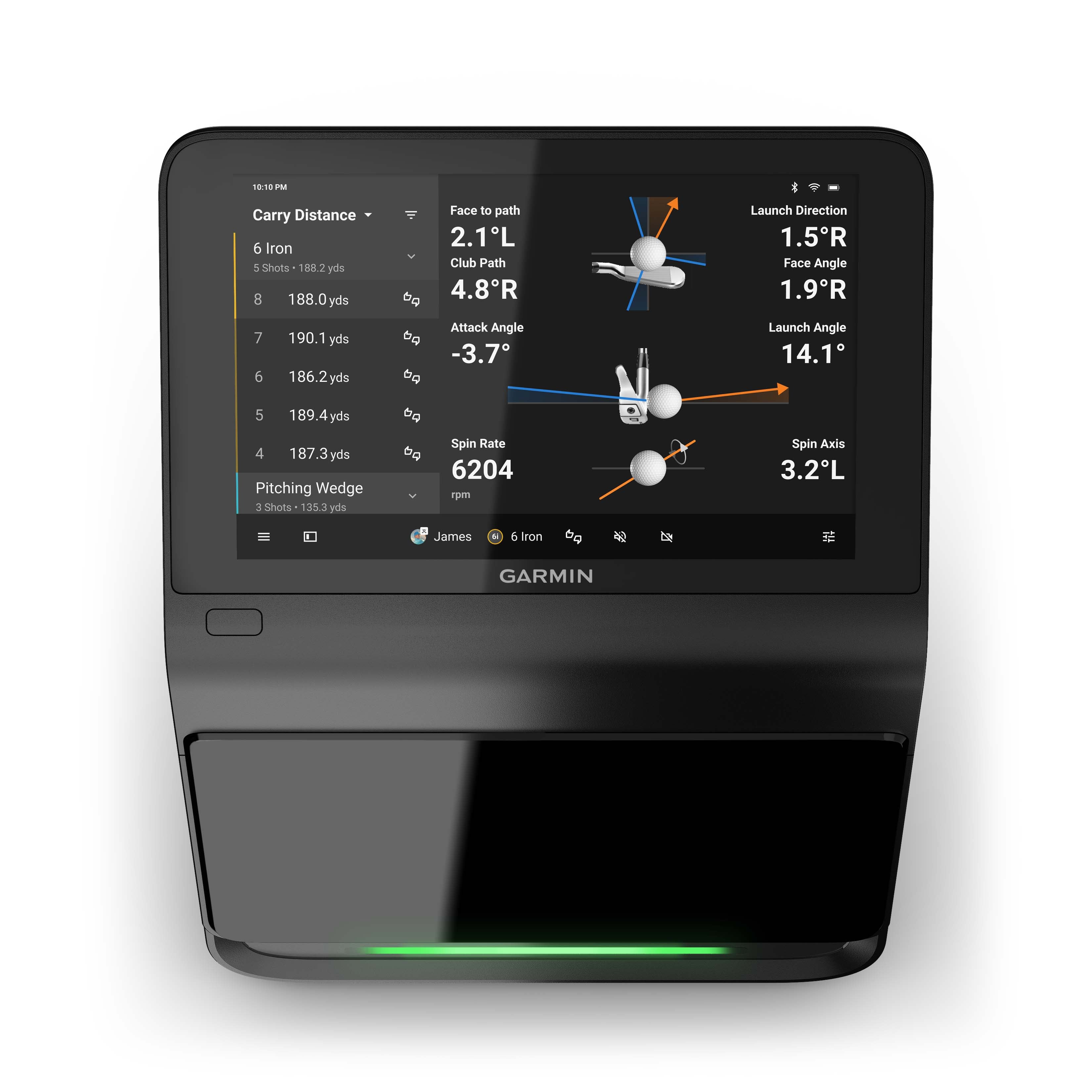 The Garmin Approach R50 by AllSportSystems functions as a golf simulator, showing detailed swing metrics such as carry distance, club path, face to path, attack angle, spin rate, and launch conditions on its display.