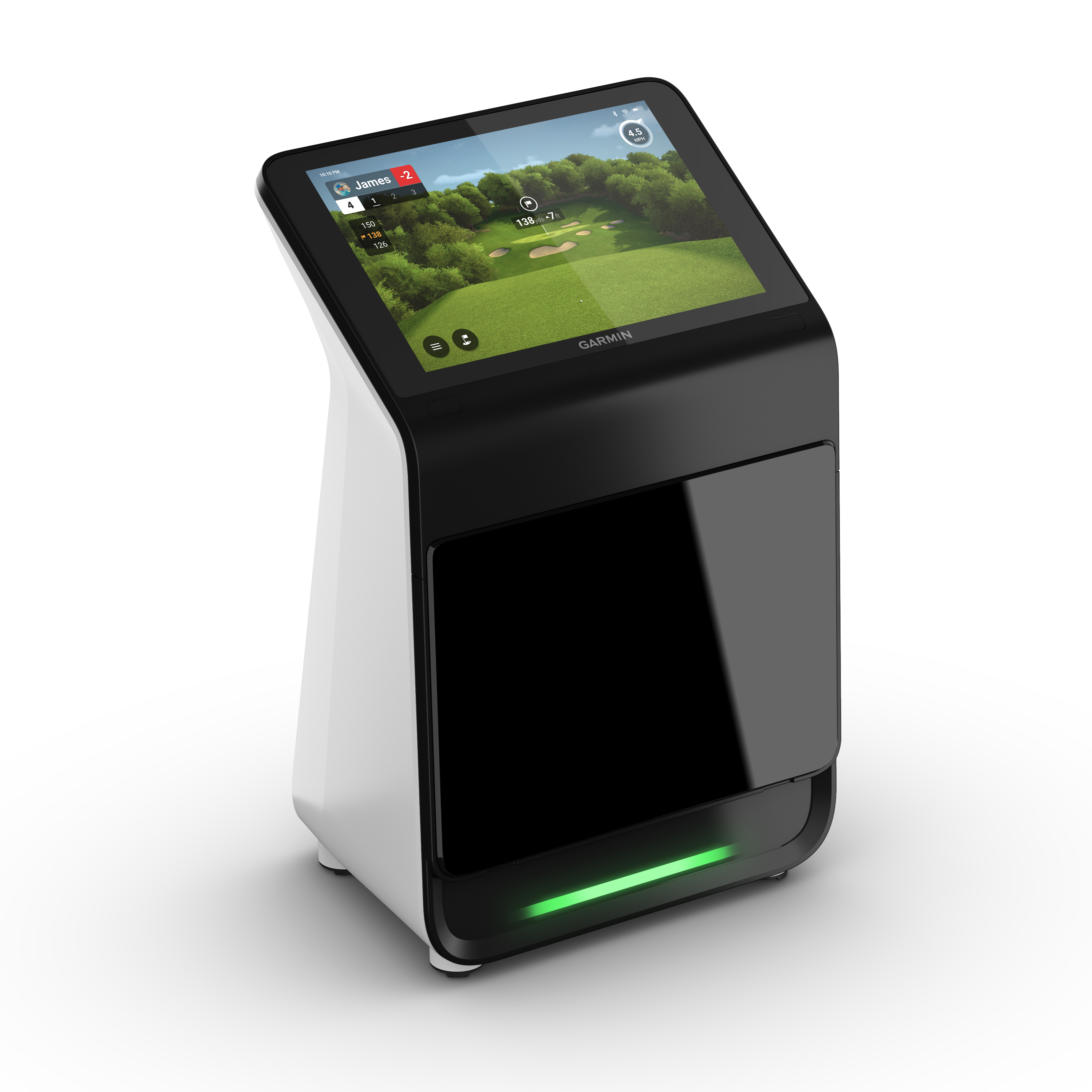 The Garmin Approach R50 Golf Launch Monitor by AllSportSystems, featuring a stylish touchscreen golf course interface, is showcased elegantly on a black background.