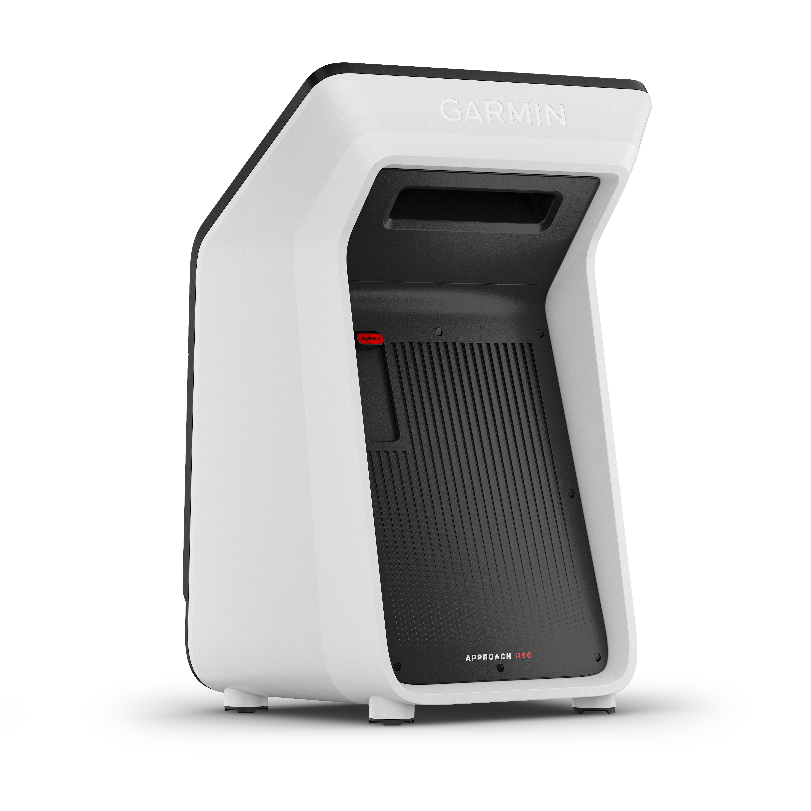 A white AllSportSystems Garmin Approach R50 golf launch monitor with a sleek, modern design is shown on a white background. The front has a dark screen displaying "Approach R50," providing advanced simulator features ideal for improving your game.