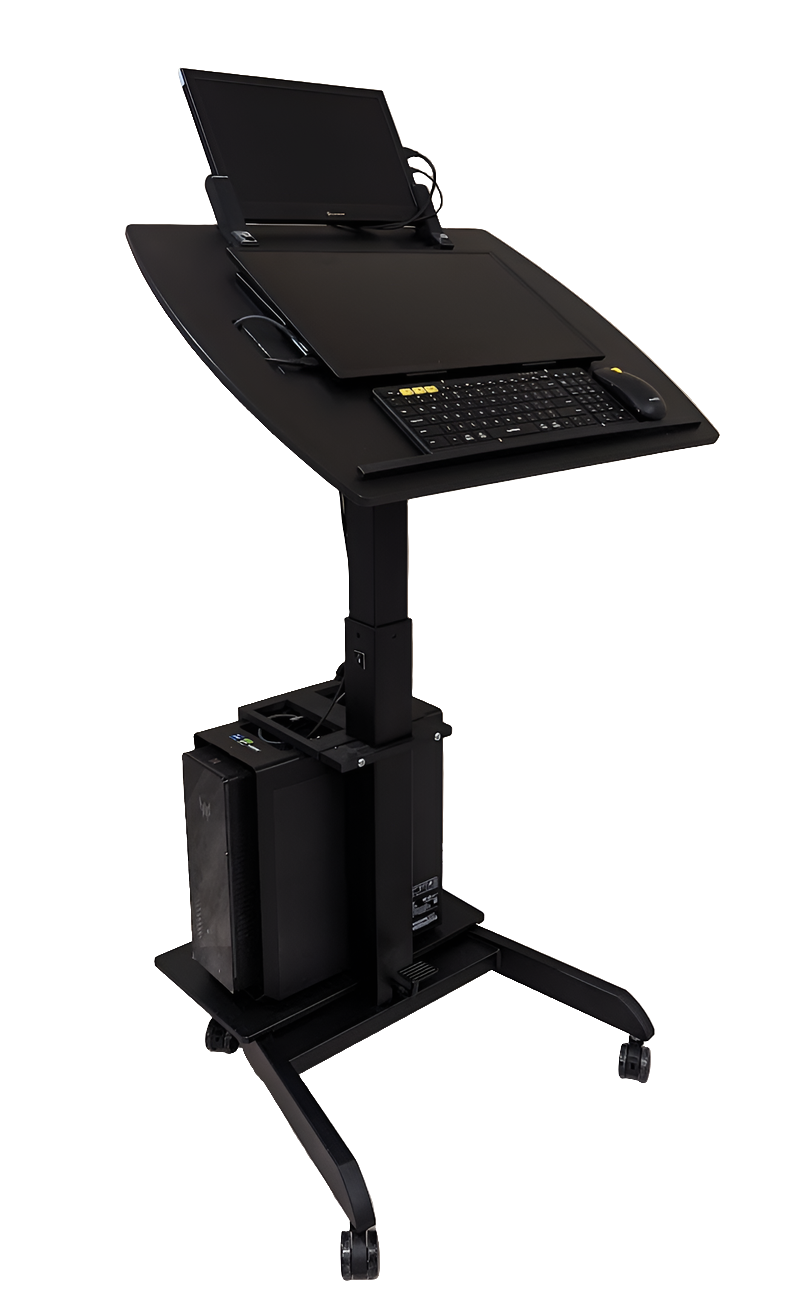 Smart Cart rolling podium computer stand by Allsportsystems. Adjustable lectern with tilting top. Use for presentations, medical office, hospitals, schools.