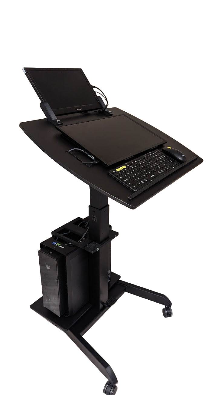 Smart Cart rolling podium computer stand by Allsportsystems. Adjustable lectern with tilting top. Use for presentations, medical office, hospitals, schools.