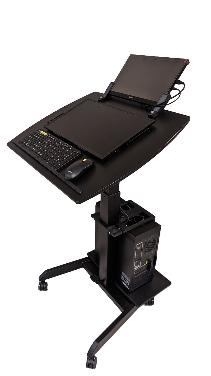 Smart Cart rolling podium computer stand by Allsportsystems. Adjustable lectern with tilting top. Use for presentations, medical office, hospitals, schools.