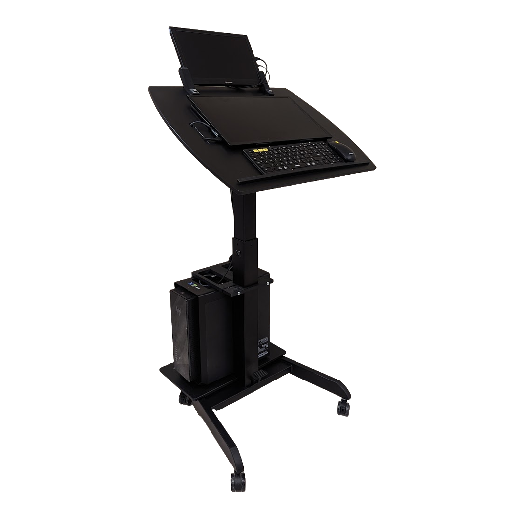 Smart Cart rolling podium computer stand by Allsportsystems. Adjustable lectern with tilting top. Use for presentations, medical office, hospitals, schools.