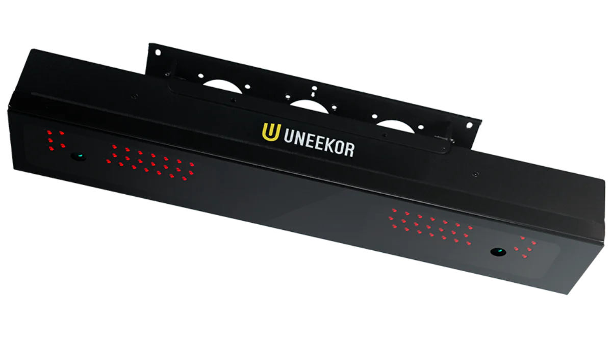 A black Other Golf Launch Monitor for Indoor Golf Simulators with red sensor lights and mounting bracket, shown at an angle on a white background—ideal for upgrading your home golf simulator or enhancing your launch monitor setup.