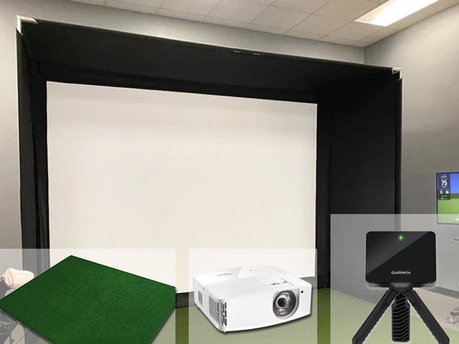 A complete Garmin R10 home golf simulator kit which includes an indoor golf simulator bay, short throw projector, screen, and mat from ALLSPORTSYSTEMS.