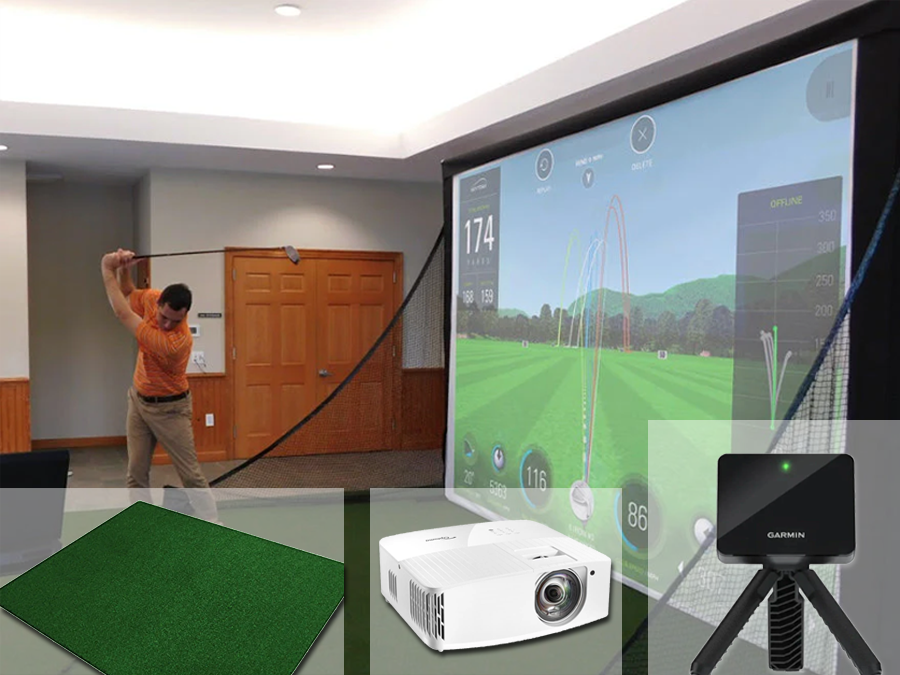 A complete Garmin R10 home golf simulator kit which includes an indoor golf simulator bay for small rooms, short throw projector, screen, and mat from ALLSPORTSYSTEMS.