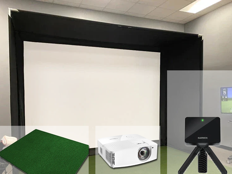 A complete Garmin R10 home golf simulator including an indoor golf simulator bay, short throw projector, screen, and mat from ALLSPORTSYSTEMS.