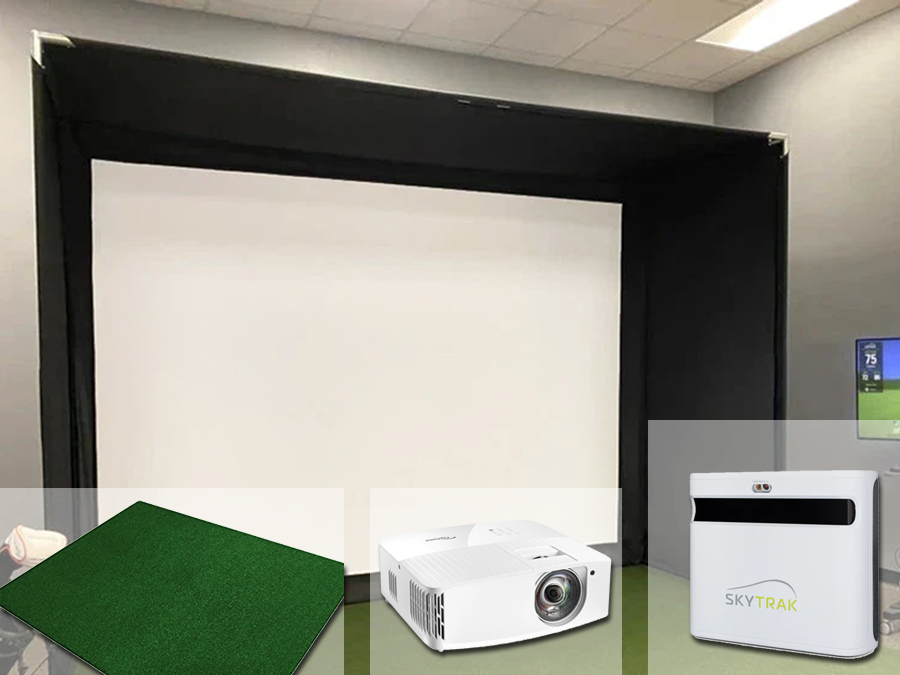 A complete SkyTrak+ home golf simulator package with bay, projector, screen, and mat from ALLSPORTSYSTEMS.