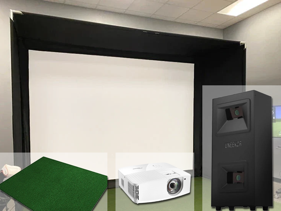 A complete Uneekor Eye Mini Lite indoor golf simulator with a home golf simulator bay, short throw projector, screen, and mat from ALLSPORTSYSTEMS.