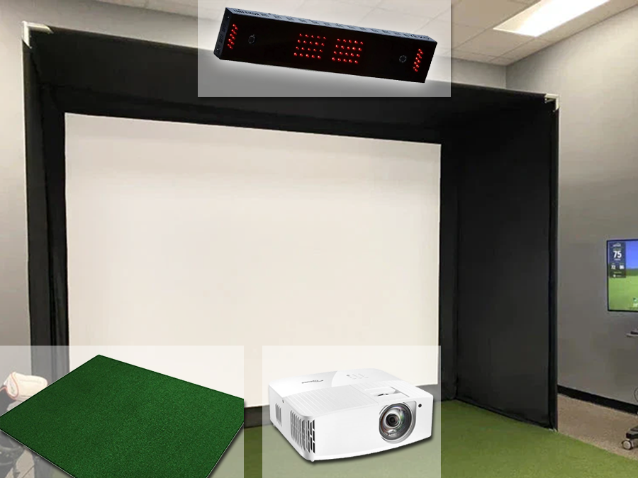 A complete Uneekor Eye XO golf simulator with a home golf simulator bay, short throw projector, screen, and mat from ALLSPORTSYSTEMS.