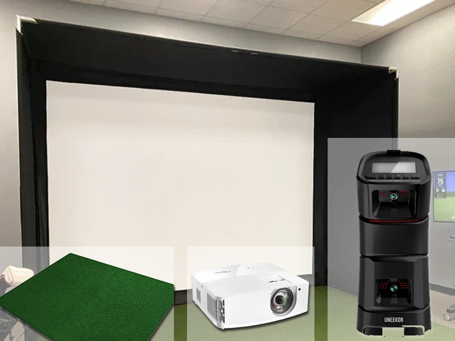 A complete Uneekor Eye Mini home golf simulator kit including an indoor golf bay, projector, screen, and mat from ALLSPORTSYSTEMS.