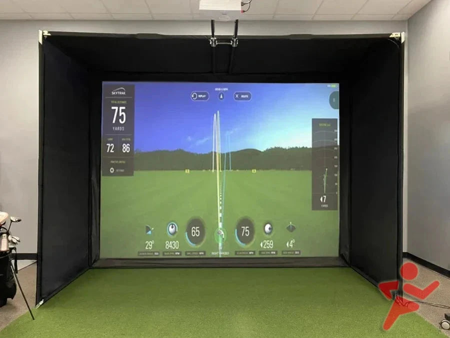 Complete SkyTrak+ Golf Simulator Package includes a setup featuring a bay projector and mat, providing a simulated driving range experience that displays data such as speed, distance, and angle on the screen.