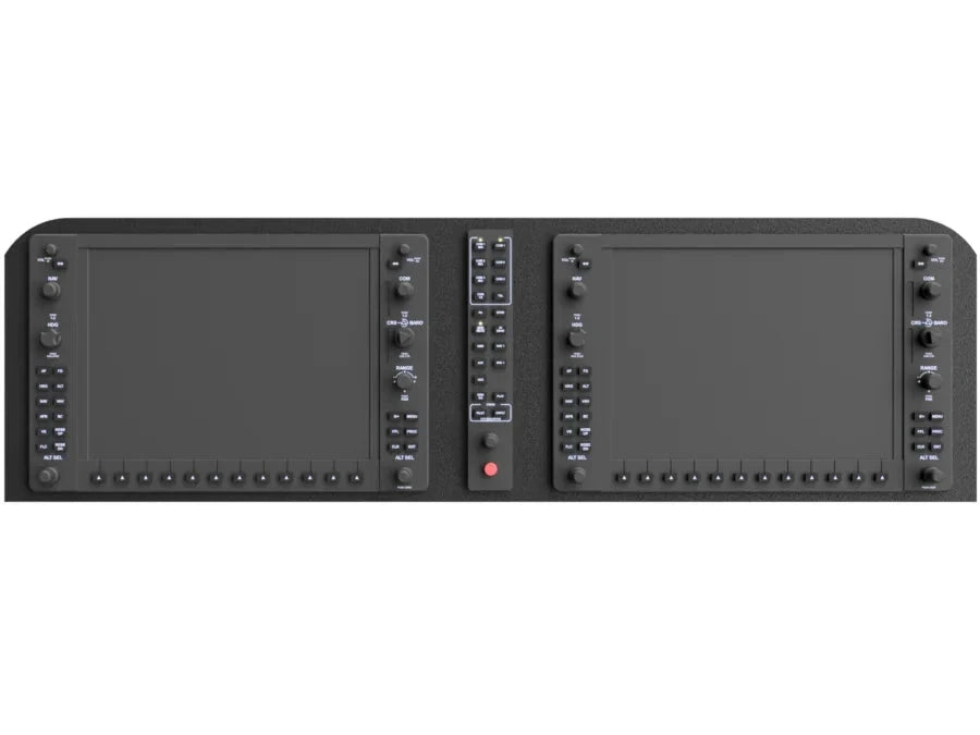 Two large, rectangular FlightPanel™ Lite Mounting Bezels for the G1000 Suite from AllSportSystems, featuring multiple buttons, knobs, and screens, positioned side by side like the perfect pairing on a golf course green.