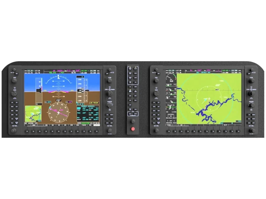 The AllSportSystems FlightPanel™ Lite Mounting Bezel for the G1000 Suite efficiently displays flight and map data on a dual-screen aircraft navigation and control panel.