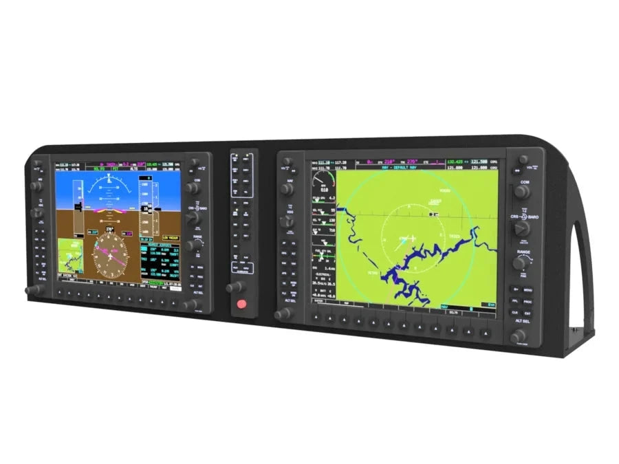 The FlightPanel™ Lite Mounting Bezel for the G1000 Suite by AllSportSystems features two screens showcasing flight data, maps, and navigation information.
