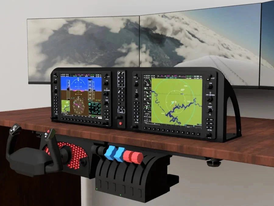 The AllSportSystems FlightPanel™ Lite Mounting Bezel for the G1000 Suite features dual monitors showcasing cockpit controls and scenic views. A visible yoke, throttle, and other flight instruments are mounted on a sleek wooden desk, providing an immersive flying experience.