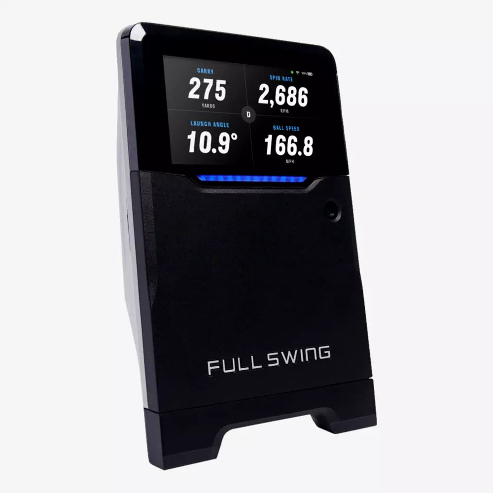 The Full Swing Golf KIT Launch Monitor by Full Swing displays carry distance, spin rate, launch angle, and ball speed on its sleek screen, enhancing your golf simulator experience with precision analytics.