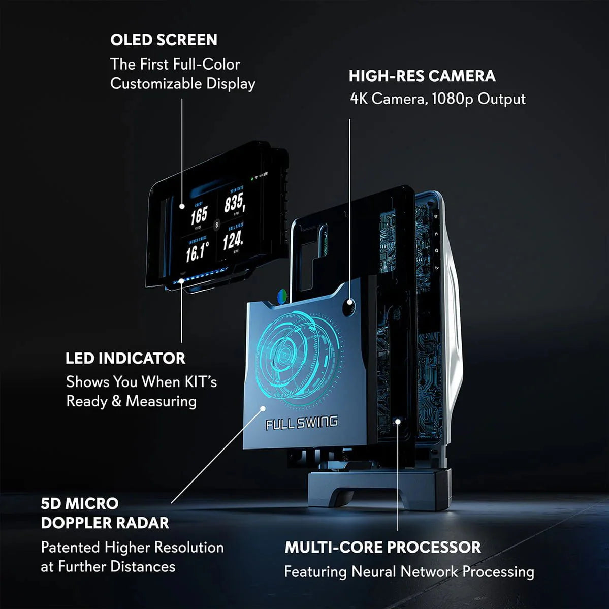 The Full Swing Golf KIT Launch Monitor by Full Swing Golf is a sleek tech device with an OLED screen, high-res camera, LED indicator, 5D micro doppler radar, and a multi-core processor, perfect for an immersive virtual golf simulator experience.