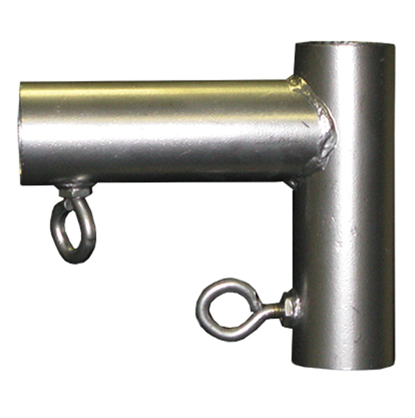 The ALLSPORTSYSTEMS Golf Cage Corner Brackets and Frame Connectors are metal T-shaped pipe connectors designed for use with EMT poles, featuring hooks on opposite sides and a price tag on top. They're perfect for assembling sturdy frame connectors in various applications.