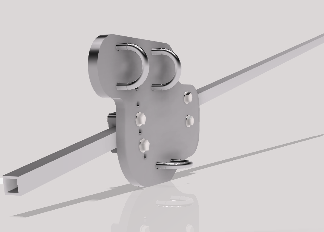 A close-up of a metal clamp with bolts, knobs, eye hooks, and U-bolts on interconnected pipes highlights the ALLSPORTSYSTEMS SkyGuard™ Golf Simulator Top and Side Safety Netting for Bays, ideal for optimal golf simulator enclosure setup.