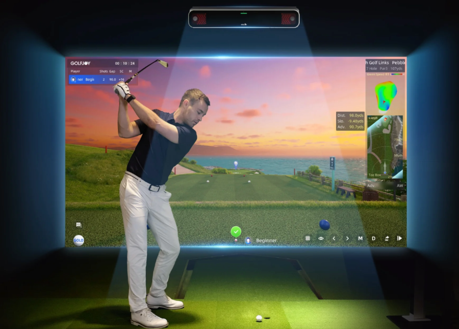 Home golf sim setup featuring the GOLFJOY GR2 overhead golf sim launch monitor.