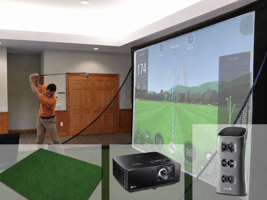 GOLFJOY Spica 3 affordable golf sim bundle with 1080p projector and small hitting bay.