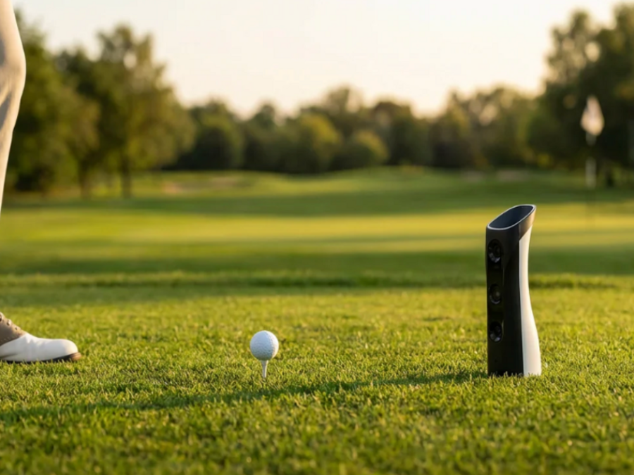 Close picture of GOLFJOY Spica 3 portable golf launch monitor on course.