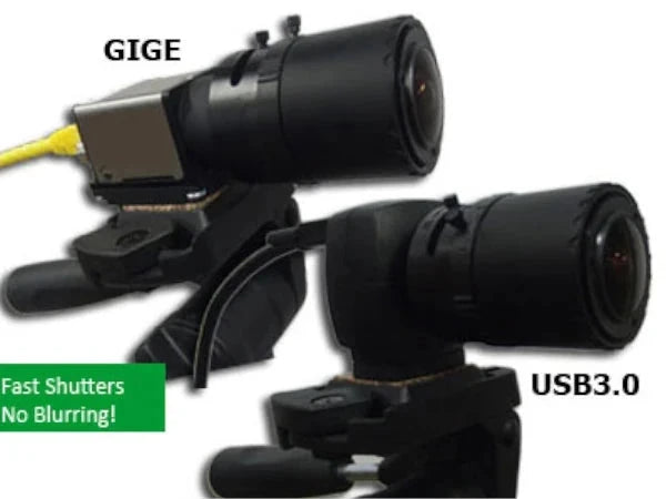 Two AllSportSystems High Speed Video Cameras for Sports Analysis and Coaching are mounted on stands, labeled "GIGE" and "USB3.0." A green label reads, "Fast shutters, no blurring!" accompanied by a red symbol in the lower right corner, perfect for capturing every swing on the golf course.