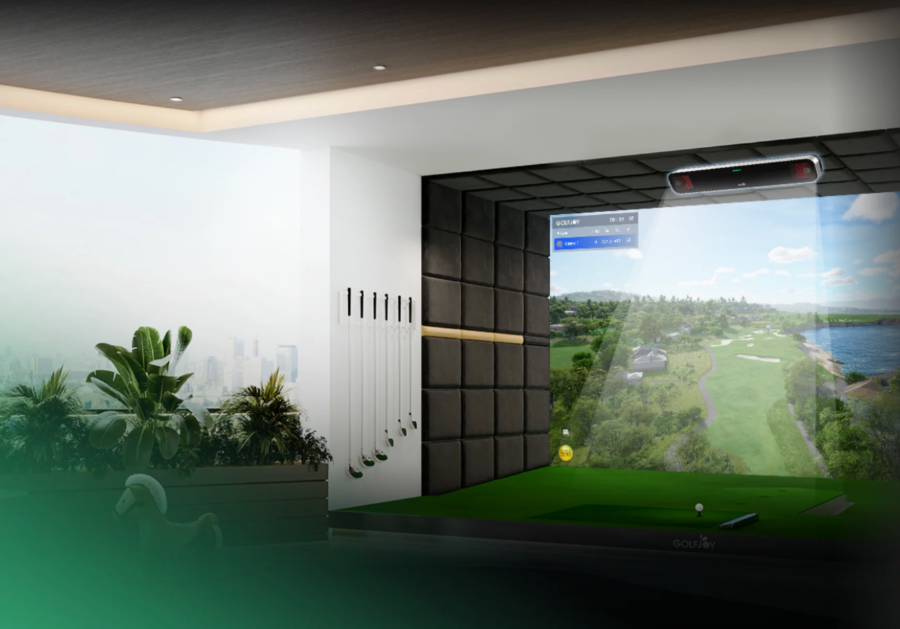 Indoor golf simulator setup with the overhead mounted GOLFJOY GR2 launch monitor.