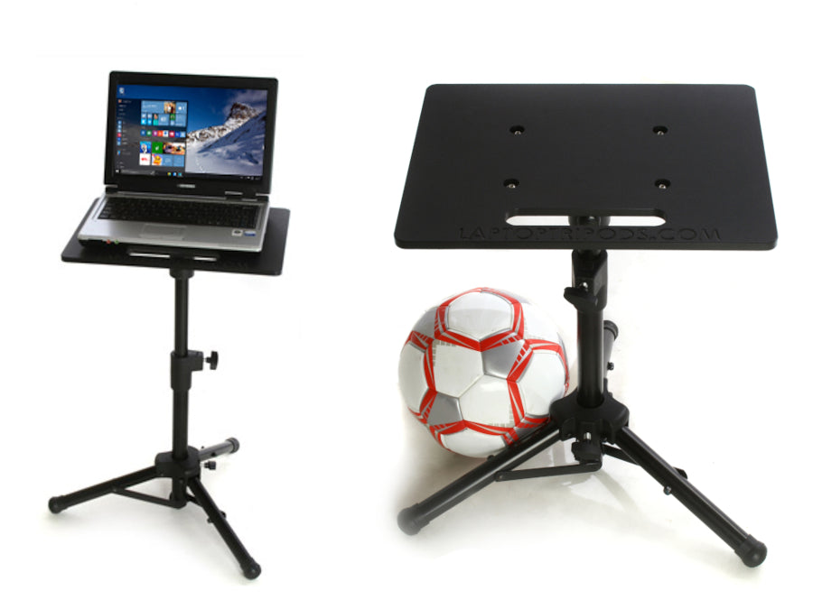 Two perspectives of the AllSportSystems Mini Portable Laptop Tripod Computer Stand. The left image displays it supporting a laptop, while the right shows a soccer ball beneath it, highlighting its adjustable height and platform versatility.