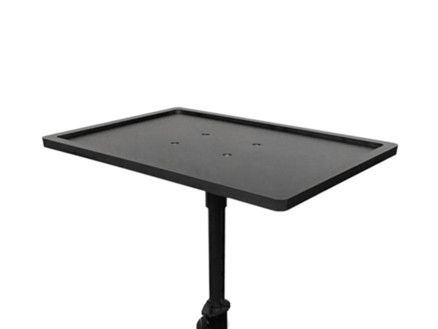The AllSportSystems Ultra Portable Laptop Tripod Computer Stand includes a flat, rectangular surface with multiple small holes, providing stability and versatility when mounted on its single vertical pole.
