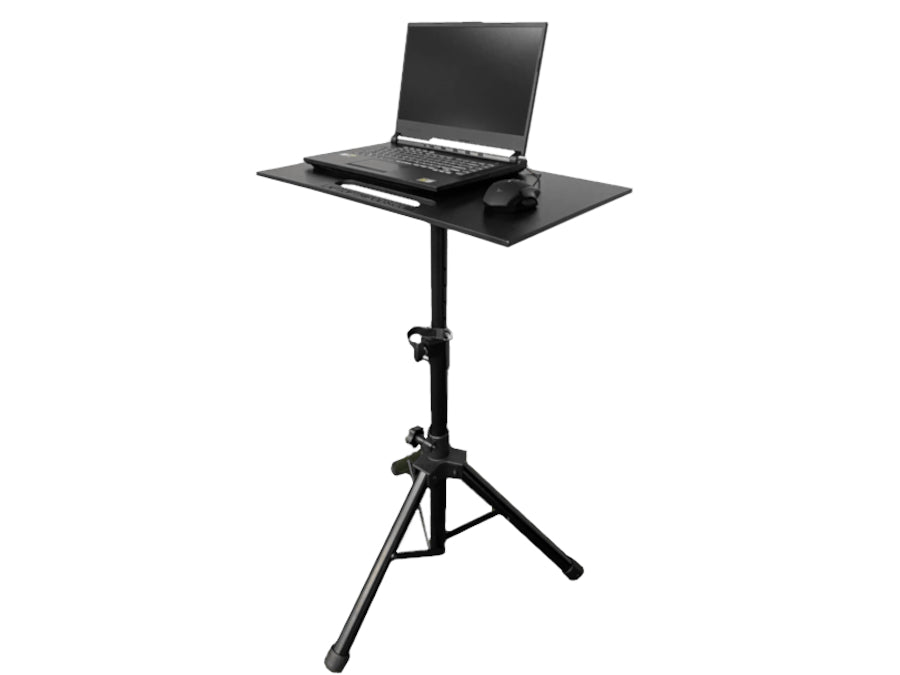 An Ultra Portable Laptop Tripod Computer Stand by AllSportSystems holds a laptop, with a computer mouse next to it, poised for action. It's ideal for professionals or sports enthusiasts.