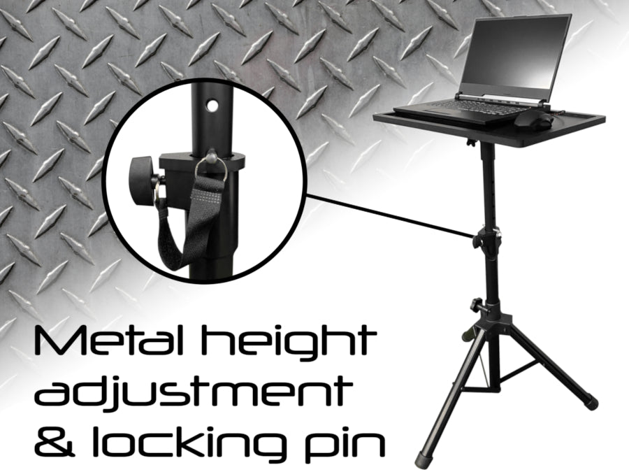 Discover unparalleled adaptability with the AllSportSystems Ultra Portable Laptop Tripod Computer Stand, equipped with a secure locking pin. Ideal for any workspace or while analyzing your golf analytics, all against an eye-catching diamond plate backdrop.