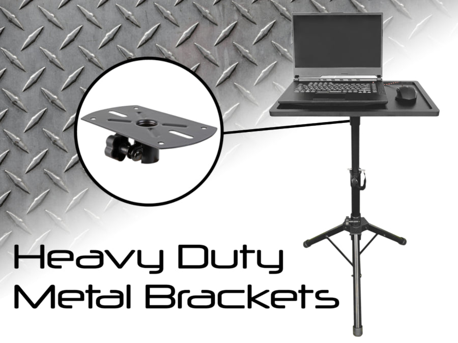 Ultra Portable Laptop Tripod Computer Stand from AllSportSystems, featuring a laptop and mouse on a tripod platform. An inset highlights its heavy-duty metal brackets against a background of steel diamond plate pattern, making it ideal for precise and stylish golf swing analysis.