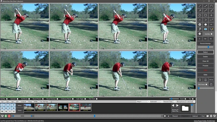 A collection of nine images displaying a man in a red shirt and beige shorts executing a golf swing, highlighting the accuracy that AllSportSystems' MotionView™ Video Analysis Coaching Software delivers to golf training.