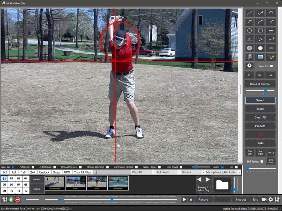 A person wearing a red shirt and shorts is seen captured mid-golf swing in an outdoor setting on the MotionView™ Video Analysis Coaching Software by AllSportSystems, with visible crosshairs and controls on the screen.