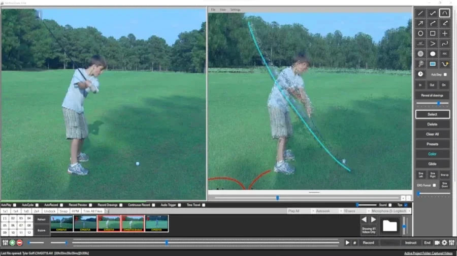 A young golfer refines their swing on a lush field, using AllSportSystems' MotionView™ Video Analysis Coaching Software, featuring dynamic swing trajectory lines.