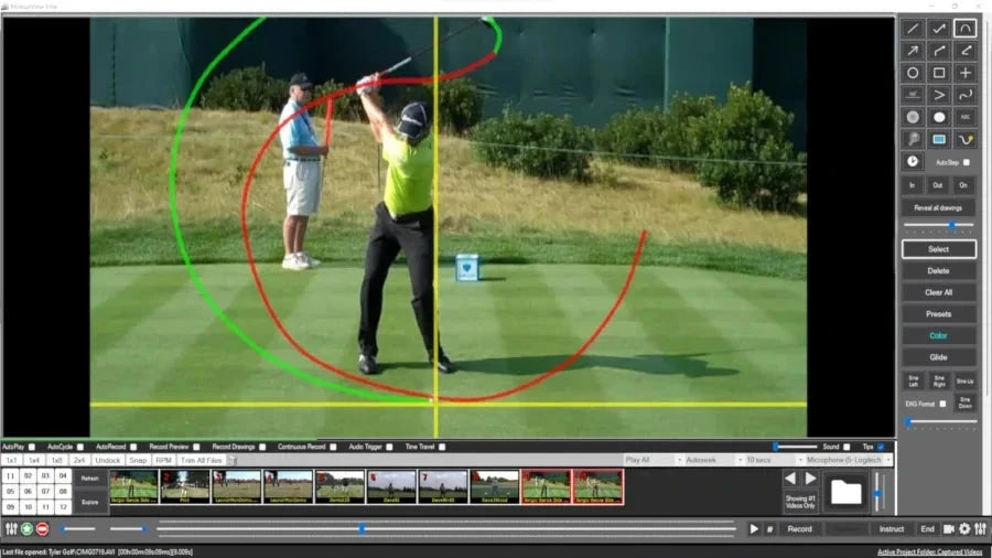 A golfer wearing a yellow shirt uses the AllSportSystems MotionView™ Video Analysis Coaching Software, swinging a club highlighted by red and green lines to show the swing path. Another man observes on the golf course, capturing the essence of mastering golf techniques.