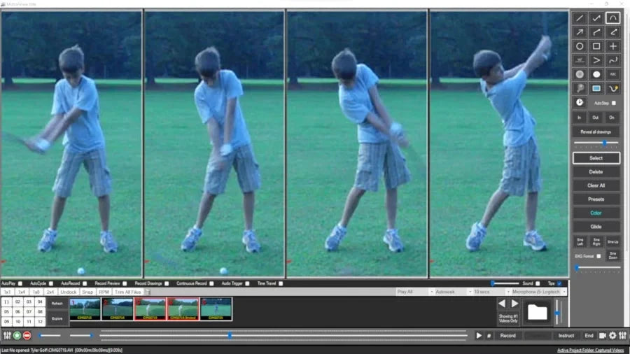 A sequence of four frames shows a person in a gray shirt and shorts swinging a golf club on a green field while using AllSportSystems' MotionView™ Video Analysis Coaching Software, featuring various control options on the screen.