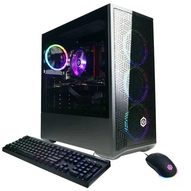 Displayed is a Custom Gaming Computer by AllSportSystems, featuring vibrant RGB lights and accompanied by a sleek keyboard and mouse. Ideal for enthusiasts, this system integrates seamlessly with MotionView, Golf Simulators, and Nomad Coaching Systems to provide an immersive experience beyond the virtual golf course.