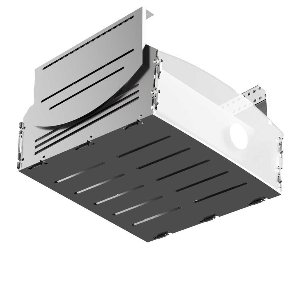 An Allsportsystems ceiling attached projector cage to shield projectors from ball strikes or golf club hits