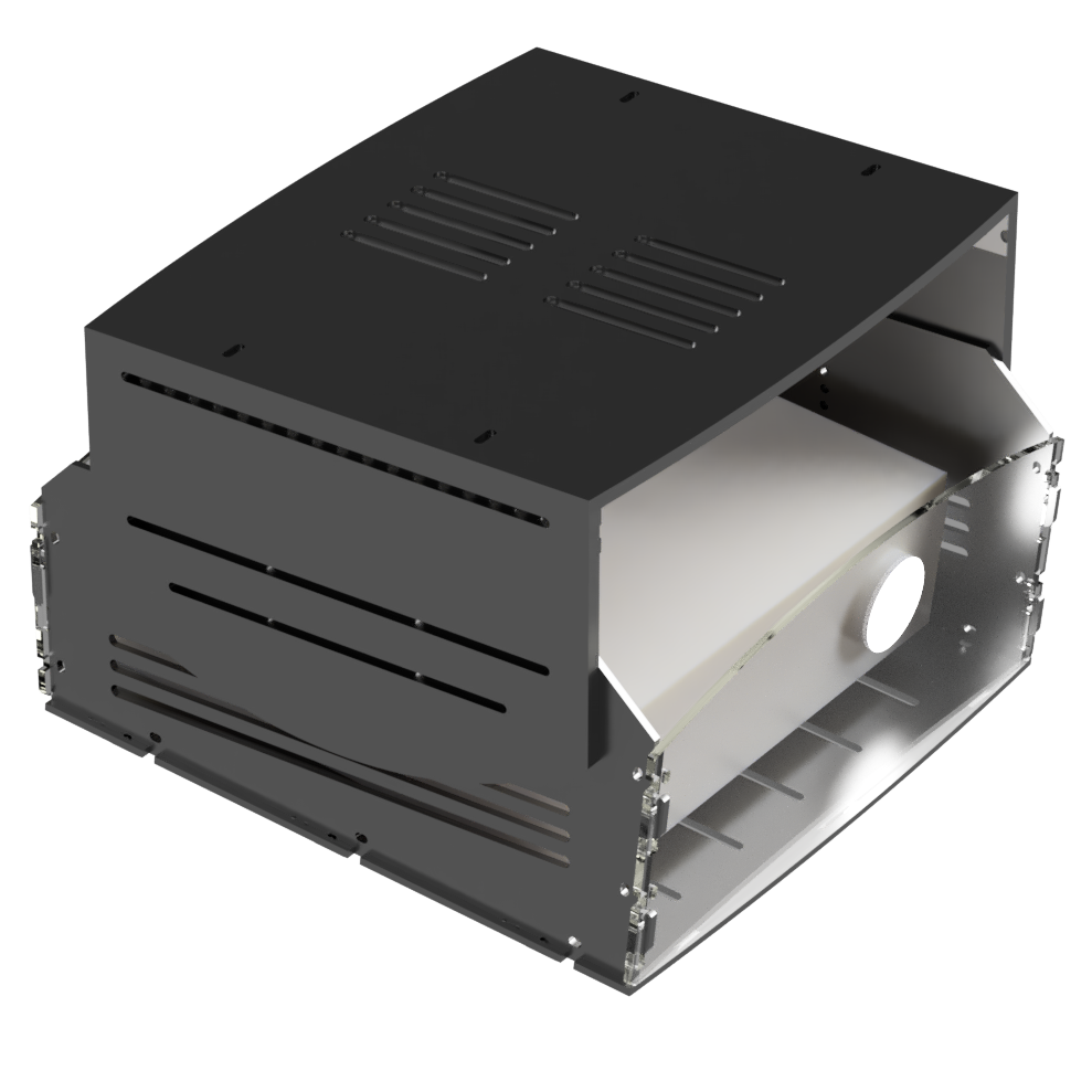 An Allsportsystems ceiling attached projector cage to shield projectors from ball strikes or golf club hits