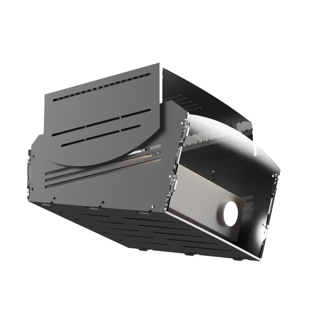 An Allsportsystems ceiling attached projector cage to shield projectors from ball strikes or golf club hits