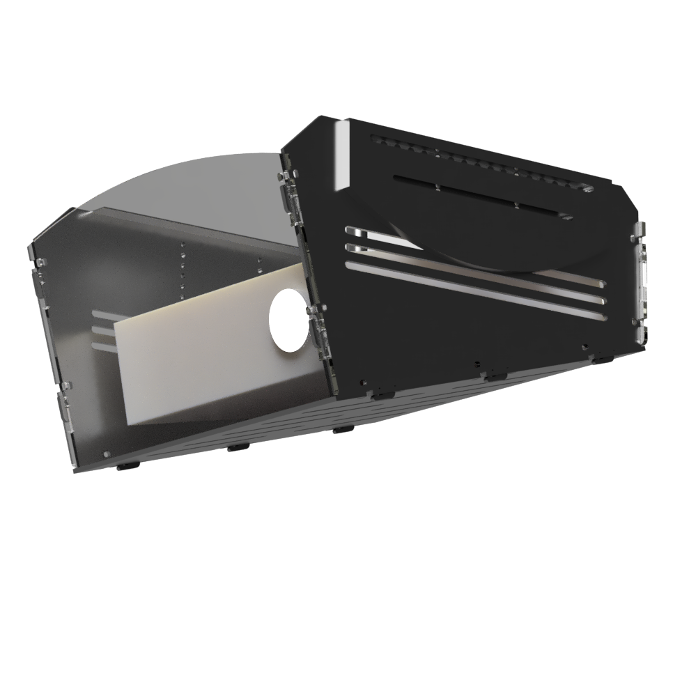 An Allsportsystems ceiling attached projector cage to shield projectors from ball strikes or golf club hits