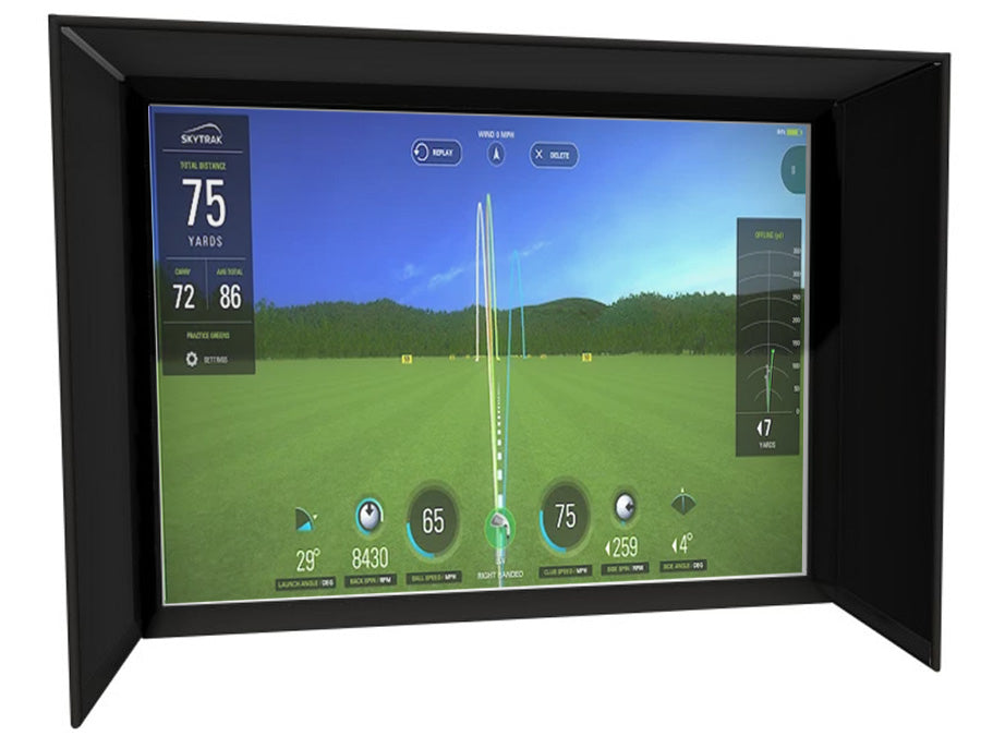 The Super Bay™ LITE™ Golf Simulator Safety Bay from AllSportSystems displays information like a distance of 75 yards, ball speed, and side spin, all set on a virtual driving range.